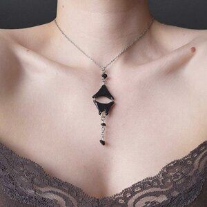 Vintage gothic abstact modernist black clay silver rosary necklace